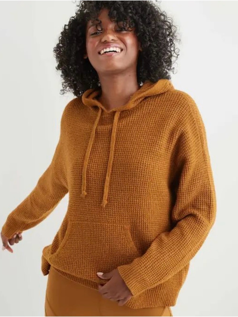 aerie Waffle-Knit Hooded Sweater in Mustard